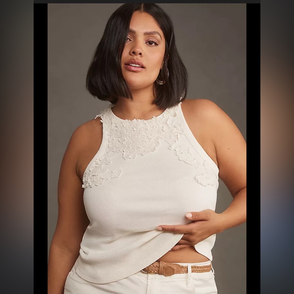 Anthropologie Cream Embroidered Ribbed Tank Top